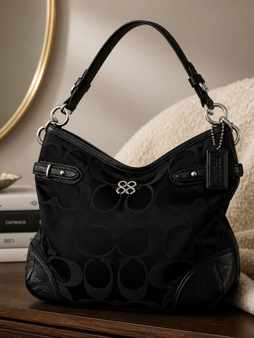 Coach Black Signature Hobo Shoulder Bag with Silver Hardware LIKE NEW CONDITION